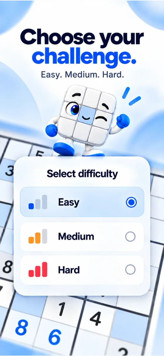 Sudoku: Logos difficulty selection with Easy, Medium and Hard levels