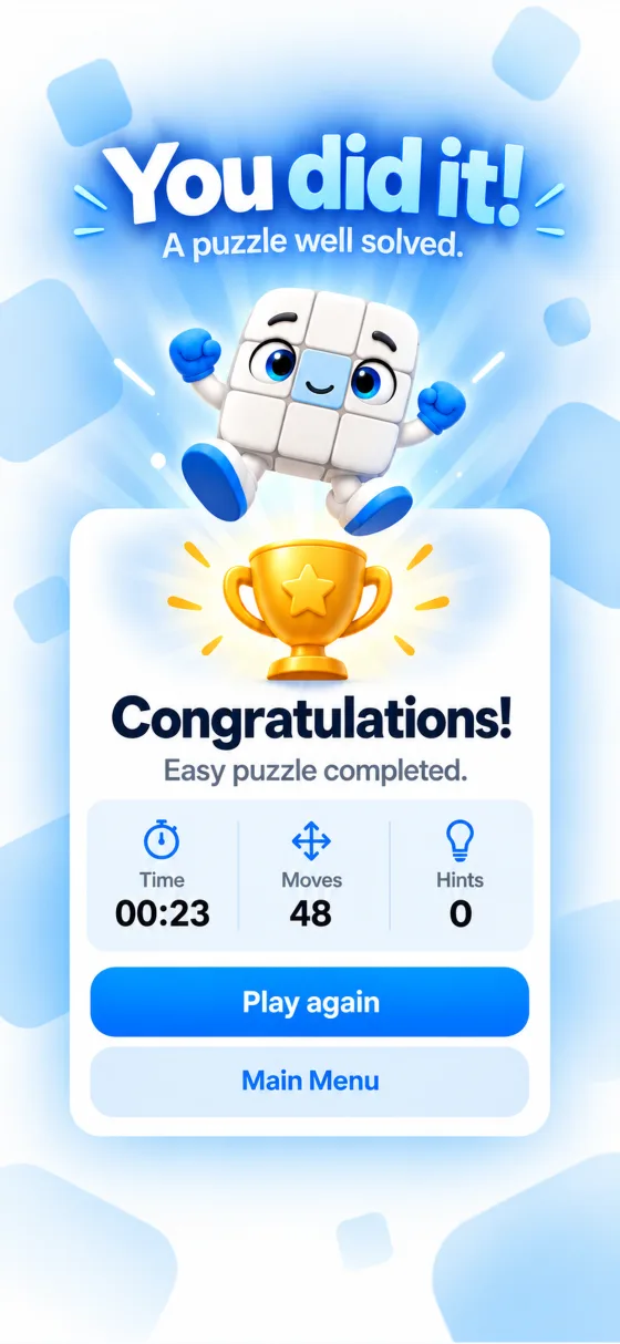 Sudoku: Logos completed puzzle with time, moves and hints