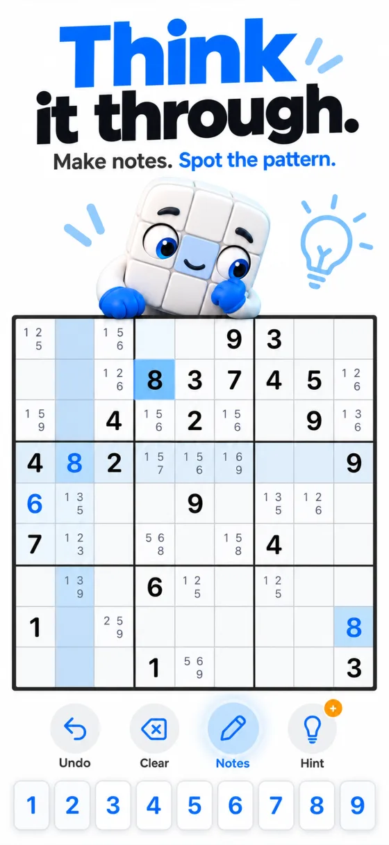 Sudoku: Logos 9 by 9 grid with pencil notes and the companion